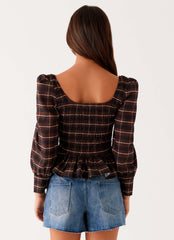 Joyce Long Sleeve Shirred Top - Chocolate Check
