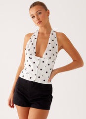 Let's Pretend Halterneck Top - White Polka Dot