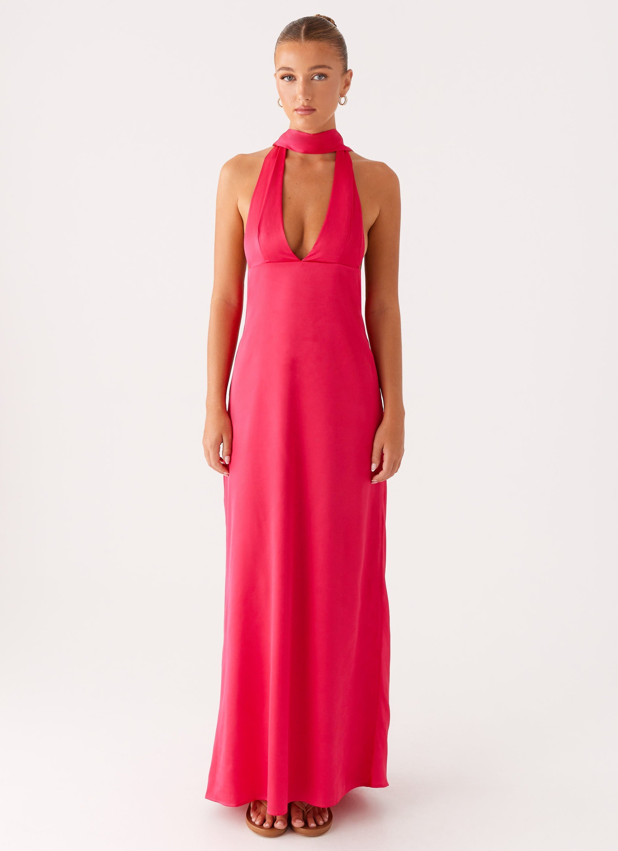 Alicia Satin Halter Maxi Dress - Fuchsia