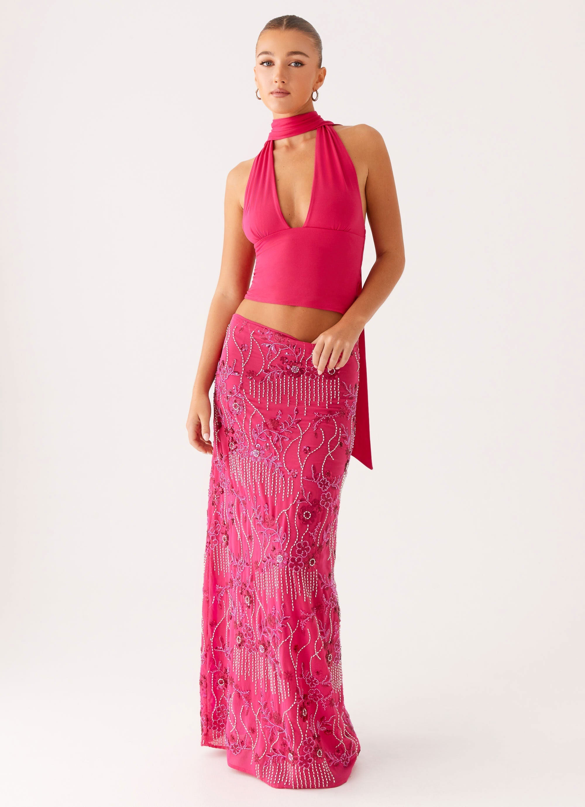 Corinna Low Rise Sequin Maxi Skirt - Fuschia