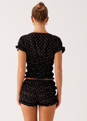 Girls Like Us Ruched Mini Shorts - Black Polka Dot