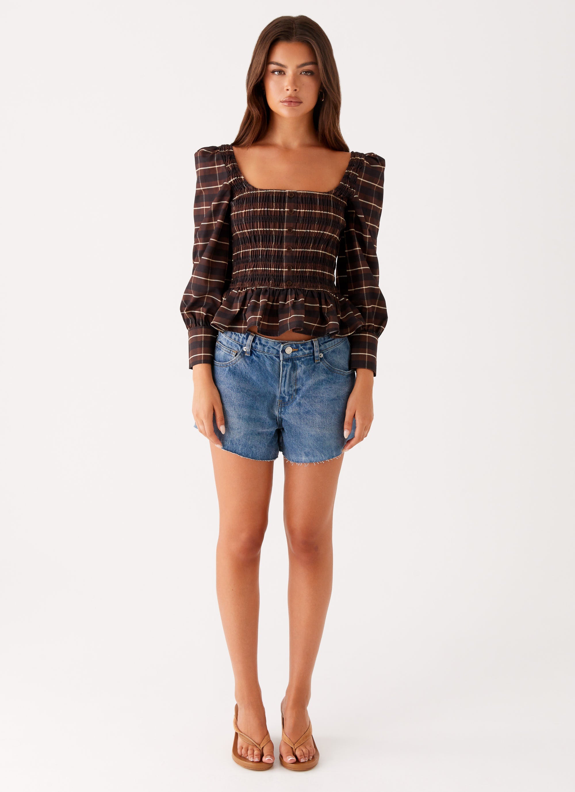 Joyce Long Sleeve Shirred Top - Chocolate Check