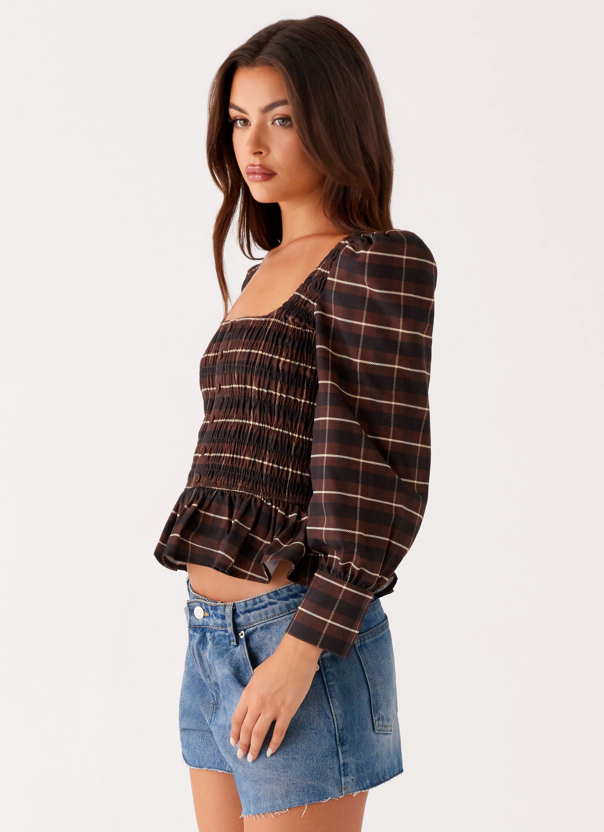 Joyce Long Sleeve Shirred Top - Chocolate Check