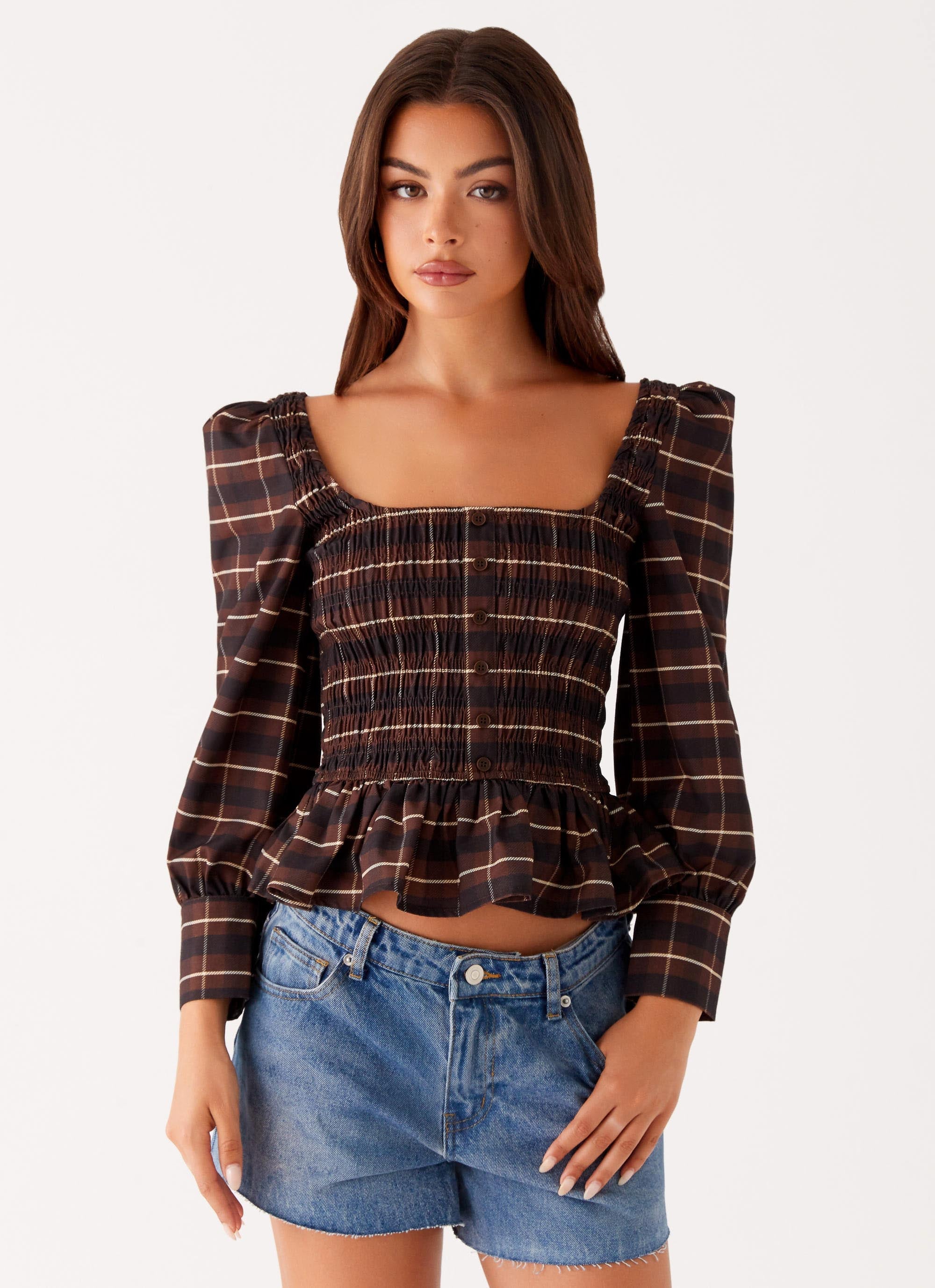 Joyce Long Sleeve Shirred Top - Chocolate Check