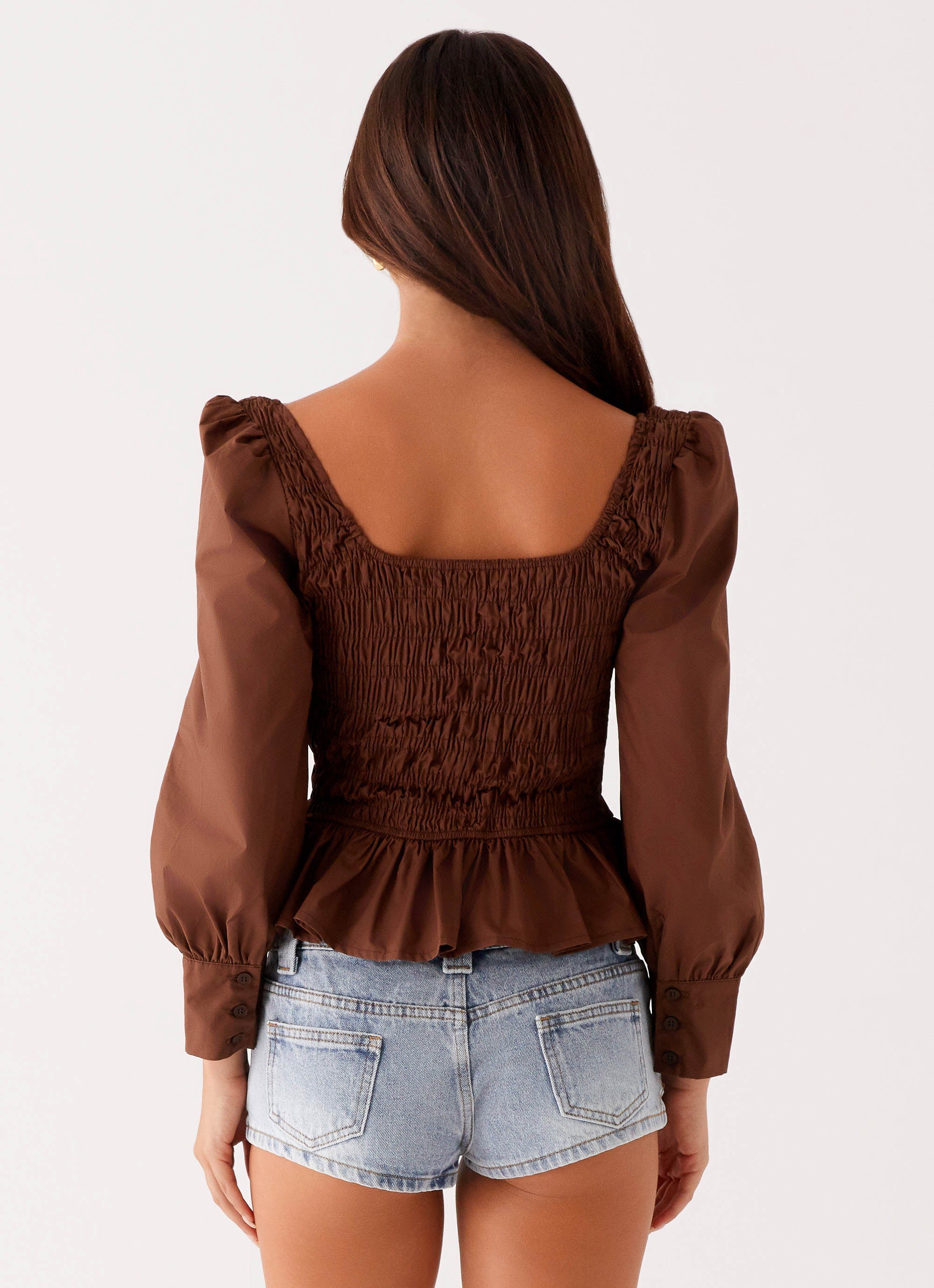 Joyce Long Sleeve Shirred Top - Chocolate