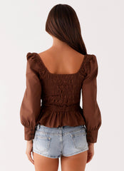 Joyce Long Sleeve Shirred Top - Chocolate