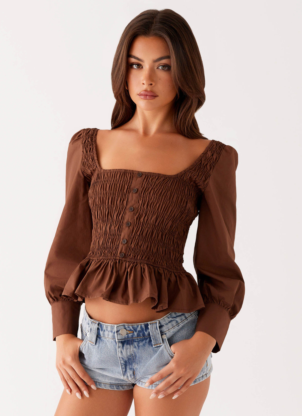Joyce Long Sleeve Shirred Top - Chocolate