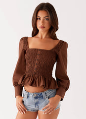 Joyce Long Sleeve Shirred Top - Chocolate