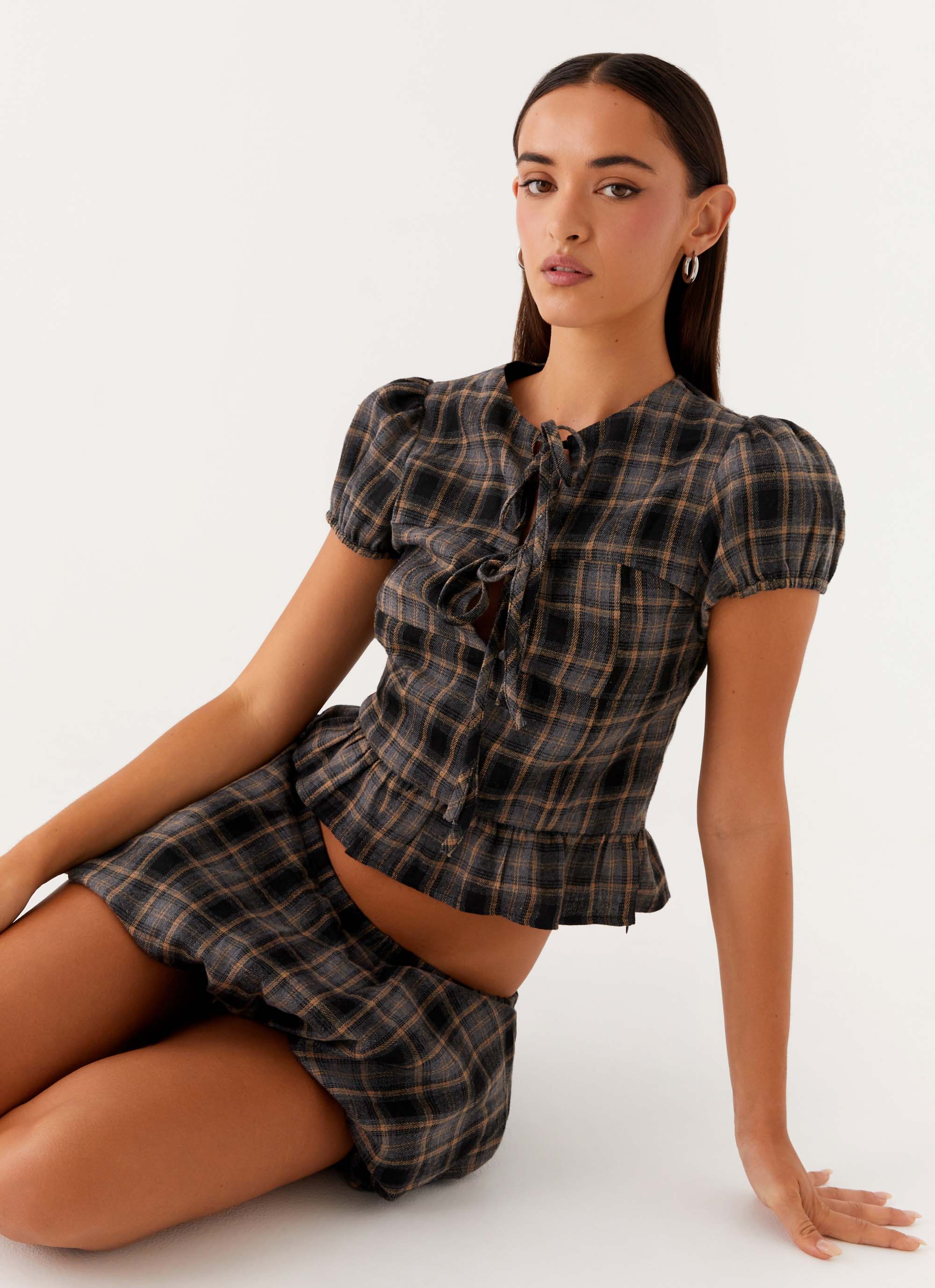Lucia Puff Sleeve Top - Brown Check